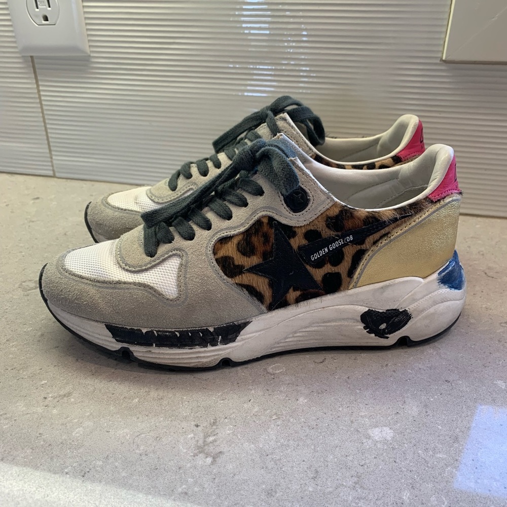 Golden Goose Running Sole sneakers in suede with gold and leopard print